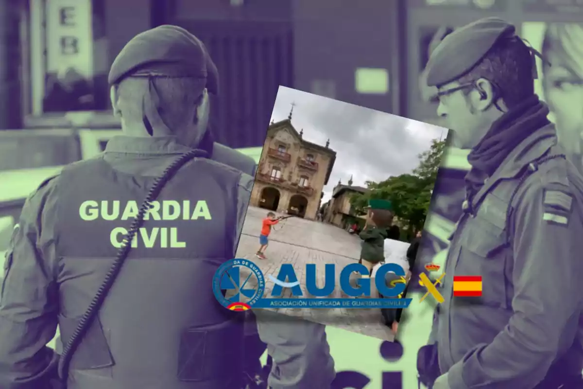 Dos agentes de la Guardia Civil de espaldas con un logotipo de la Asociación Unificada de Guardias Civiles (AUGC) y una bandera de España en primer plano.