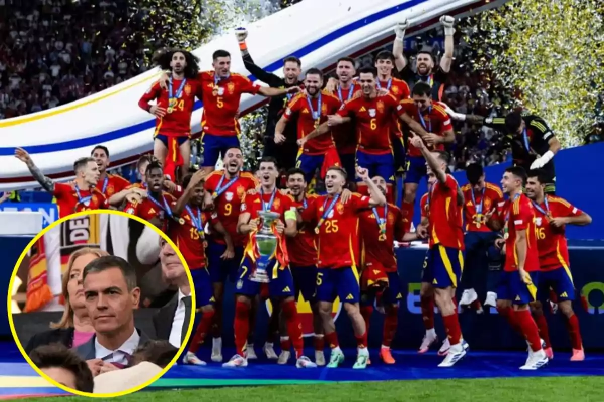 Jugadores de la selección española de fútbol celebran con el trofeo mientras confeti dorado cae a su alrededor, con una imagen insertada de un hombre en la esquina inferior izquierda.