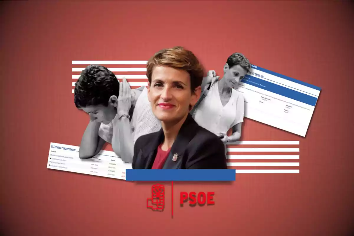 Mujer con cabello corto y expresión sonriente en primer plano, con fondo rojo y logotipo del PSOE, acompañada de imágenes en blanco y negro de la misma mujer en diferentes poses.