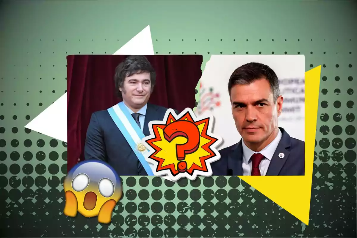 Dos hombres en trajes formales con un emoji de sorpresa y un signo de interrogación entre ellos.