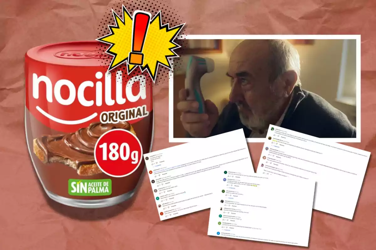 Un frasco de Nocilla Original de 180 gramos sin aceite de palma junto a la imagen de un hombre mayor usando un dispositivo en su rostro, con varios comentarios de usuarios en la parte inferior.