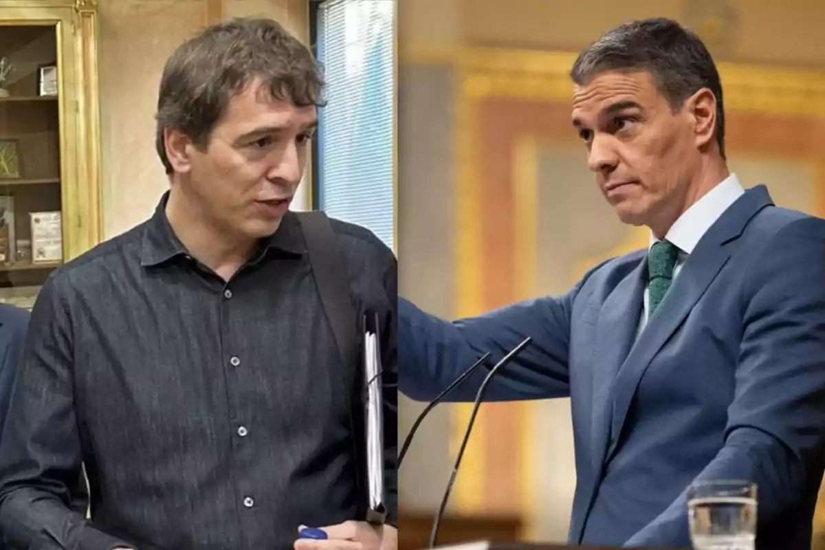 Dos hombres en una imagen dividida, uno de ellos con una camisa oscura y el otro con un traje azul y corbata verde, ambos en un entorno profesional.