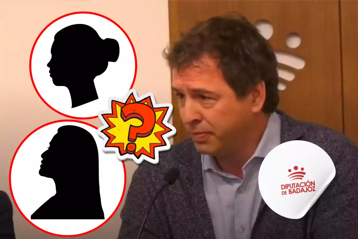 Un hombre hablando en una conferencia con dos siluetas de mujeres y un signo de interrogación en el fondo, junto con el logotipo de la Diputación de Badajoz.