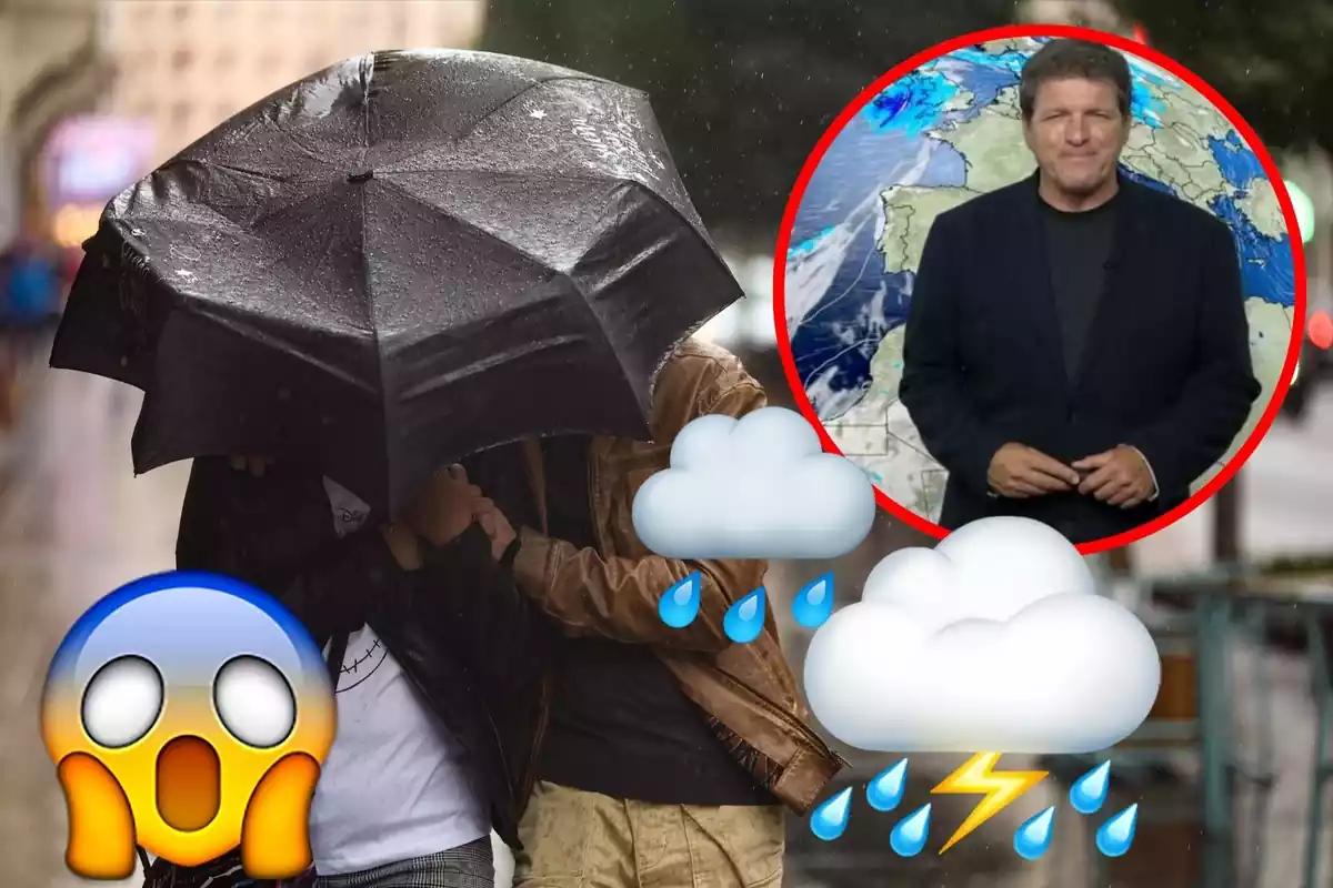 Collage de dos personas bajo la lluvia que se tapan con un paraguas negro