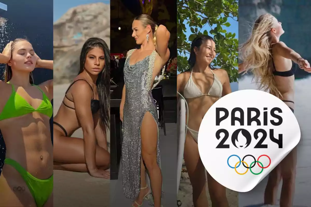 Cinco mujeres posan en diferentes escenarios, algunas en trajes de baño y una en un vestido de gala, con el logo de los Juegos Olímpicos de París 2024 en la esquina inferior derecha.