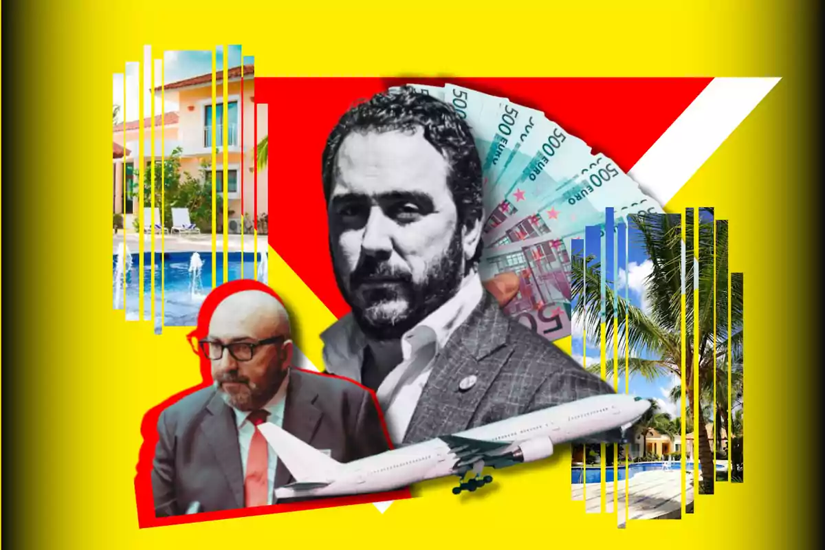 Un collage con dos hombres, uno en blanco y negro y otro en color, billetes de euro, una casa con piscina, palmeras y un avión sobre un fondo amarillo y rojo.