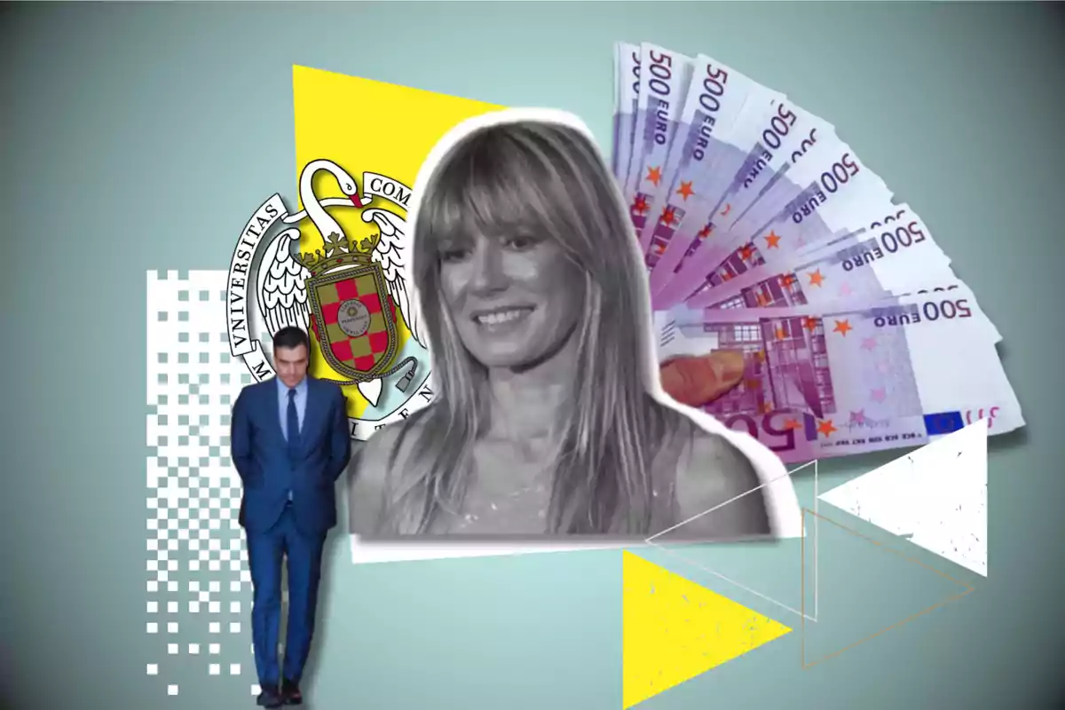 Una mujer sonriente en blanco y negro, un hombre con traje azul, un escudo universitario y un abanico de billetes de 500 euros.