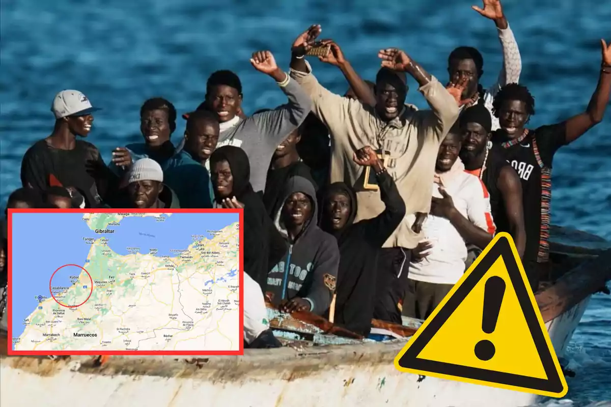 Un grupo de personas en un bote en el mar con un mapa de Marruecos y un símbolo de advertencia.