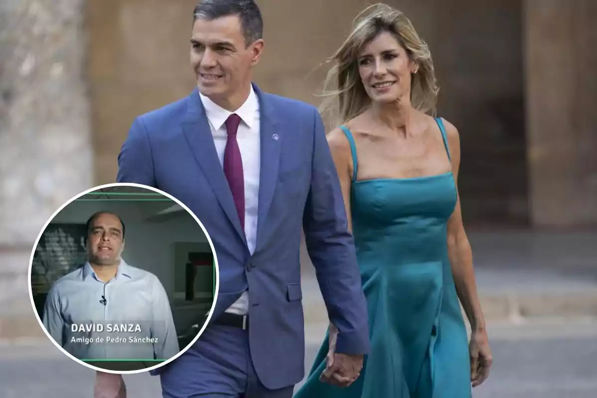 Una pareja caminando de la mano, con un hombre en un recuadro en la esquina inferior izquierda identificado como "David Sanza, Amigo de Pedro Sánchez".