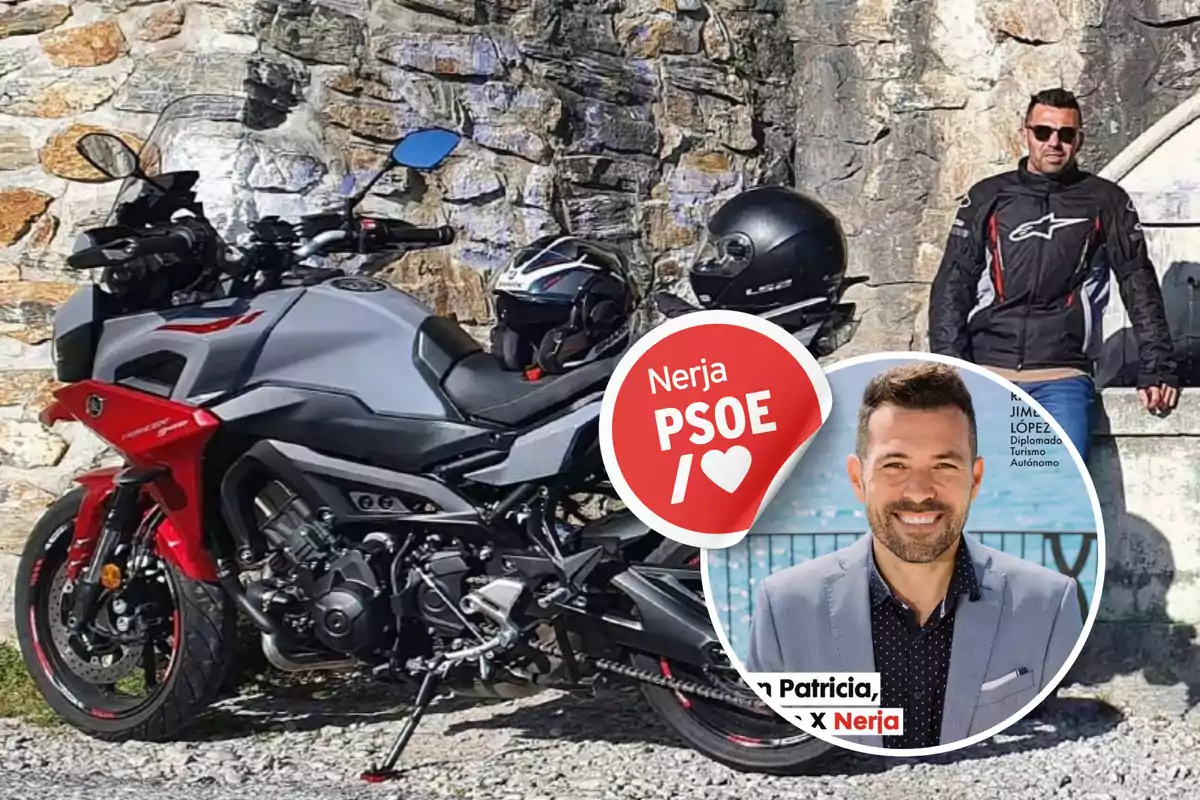 Un hombre con chaqueta de motociclista y gafas de sol está de pie junto a una motocicleta gris y roja, con dos cascos sobre la moto, y un cartel circular de campaña política del PSOE de Nerja en la esquina inferior derecha.