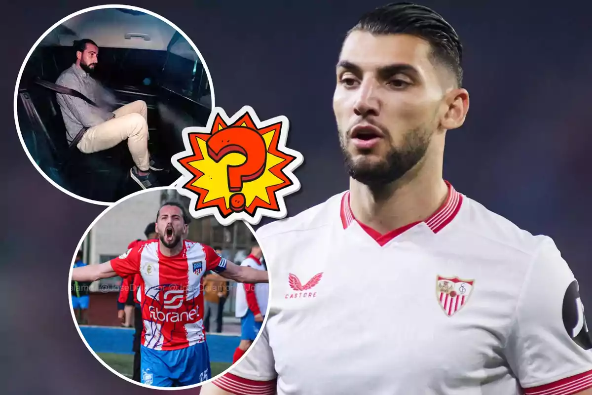 Un jugador de fútbol con la camiseta del Sevilla FC aparece en primer plano, mientras que en la parte izquierda de la imagen hay dos fotos más pequeñas: una de un hombre sentado en un coche y otra de un hombre celebrando un gol con la camiseta de un equipo diferente.