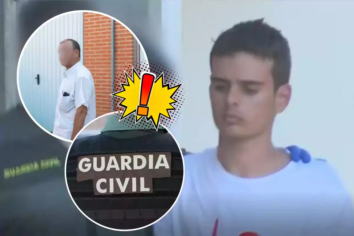 La imagen muestra a un joven con una camiseta blanca siendo escoltado por un agente de la Guardia Civil, con un recuadro que incluye a un hombre de mediana edad con el rostro difuminado y un signo de exclamación en un fondo amarillo.