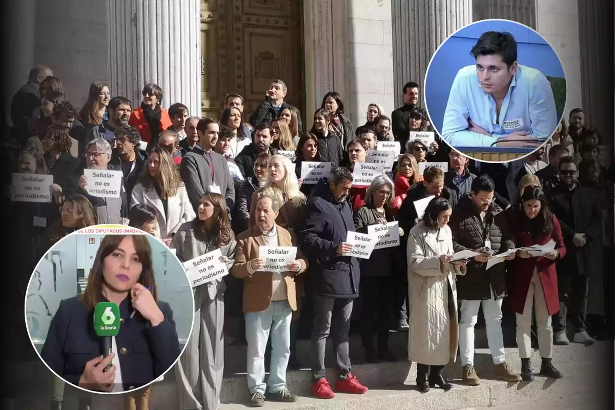 Un grupo de personas se encuentra reunido en las escaleras de un edificio sosteniendo carteles que dicen "Señalar no es periodismo", mientras dos imágenes circulares muestran a un hombre y a una mujer en diferentes contextos.