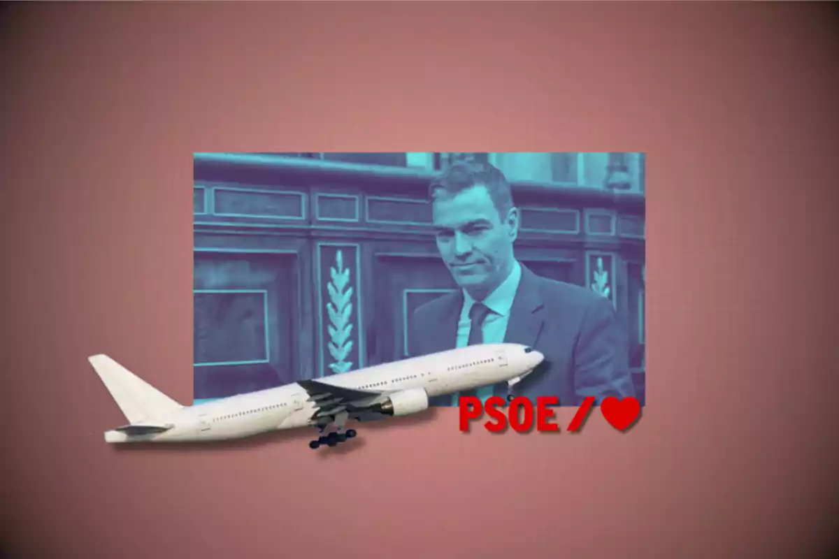 Hombre de traje con un avión y las siglas "PSOE" junto a un corazón en un fondo rojo.