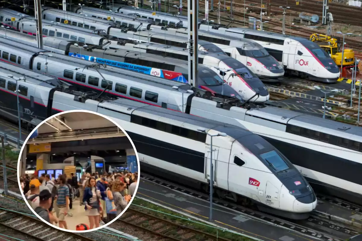 Trenes de alta velocidad estacionados en una terminal ferroviaria con una imagen insertada de una multitud de personas en una estación.