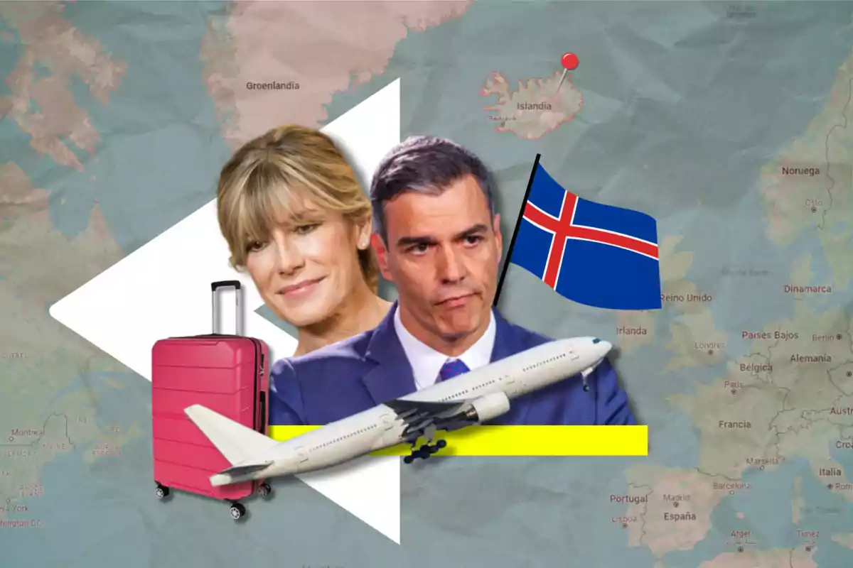 Una imagen que muestra a dos personas, una maleta rosa, un avión y una bandera de Islandia sobre un mapa de Europa y Groenlandia.