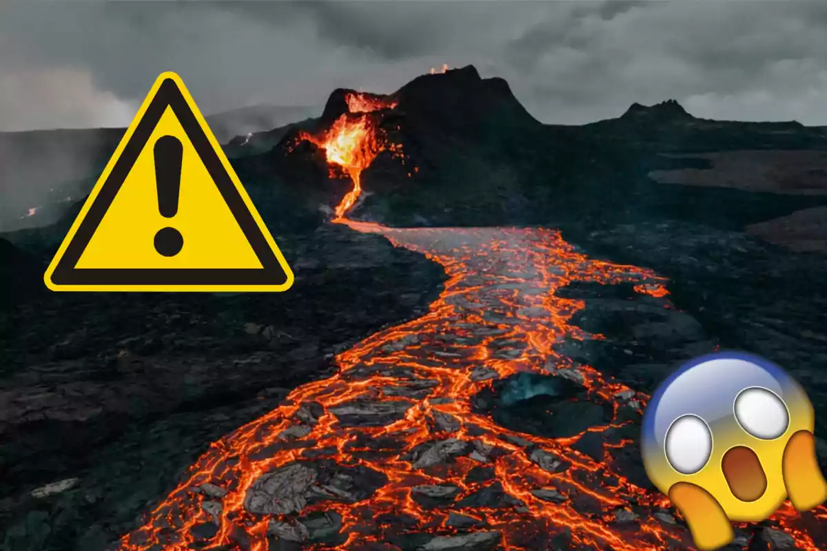 Imagen de un volcán en erupción con lava fluyendo por la ladera, acompañada de un icono de advertencia y un emoji de sorpresa.