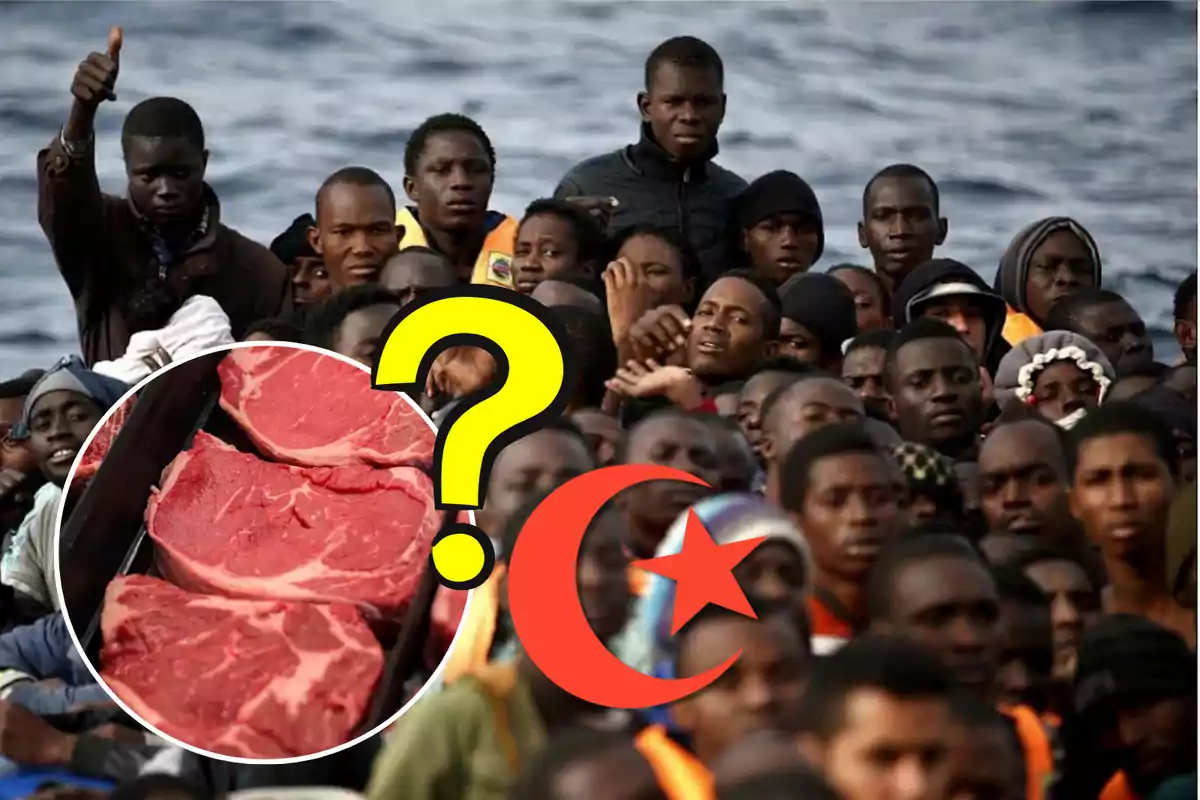 Un grupo de personas en un bote en el mar con una imagen superpuesta de carne cruda, un signo de interrogación amarillo y un símbolo islámico rojo.