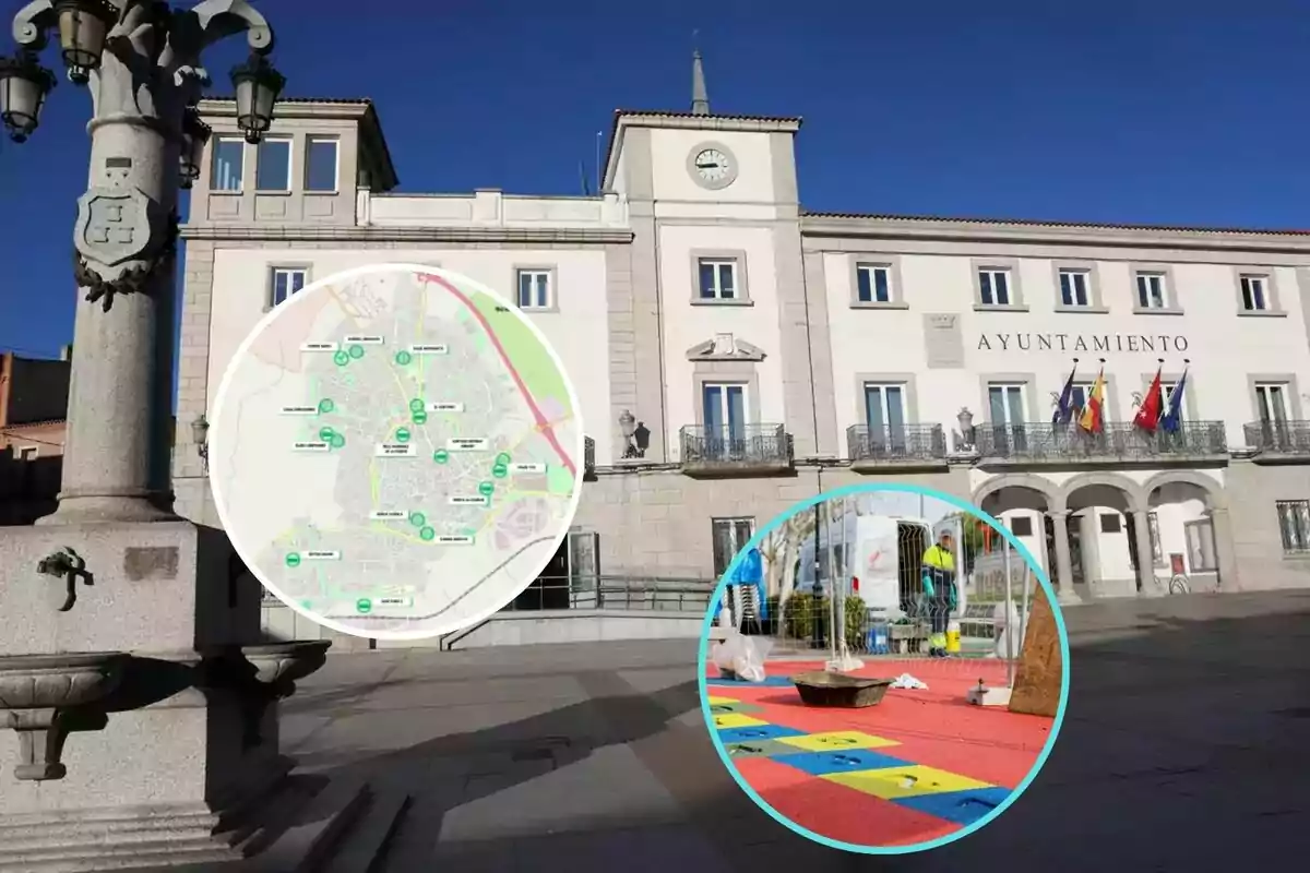 Town hall building with a fountain in the foreground and two overlapping circles showing a map and a children's playground area.