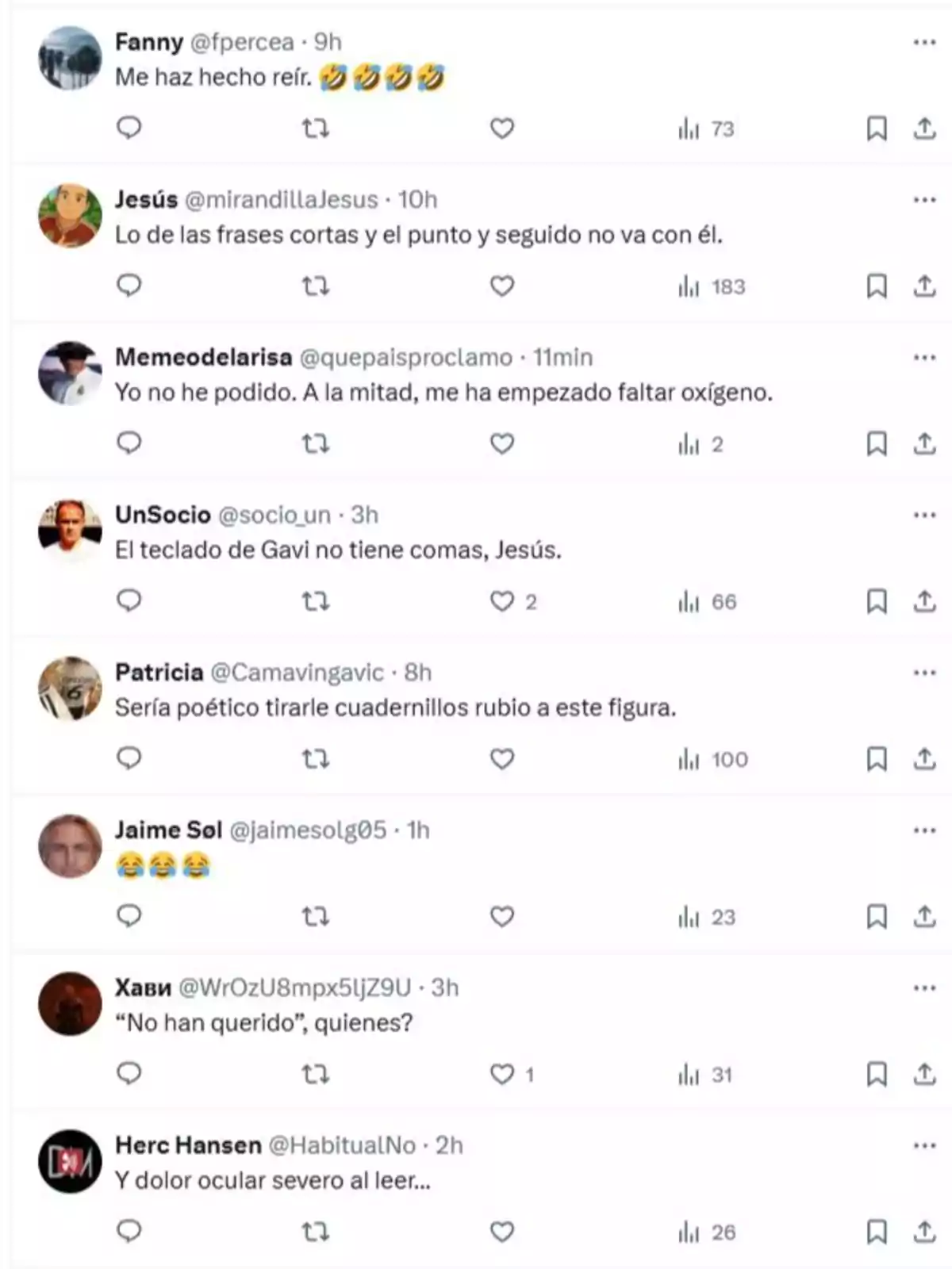 Captura de pantalla de varios tuits con comentarios humorísticos y reacciones sobre la falta de puntuación en un texto. Captura de pantalla de varios tuits con comentarios humorísticos y reacciones sobre la falta de puntuación en un texto.