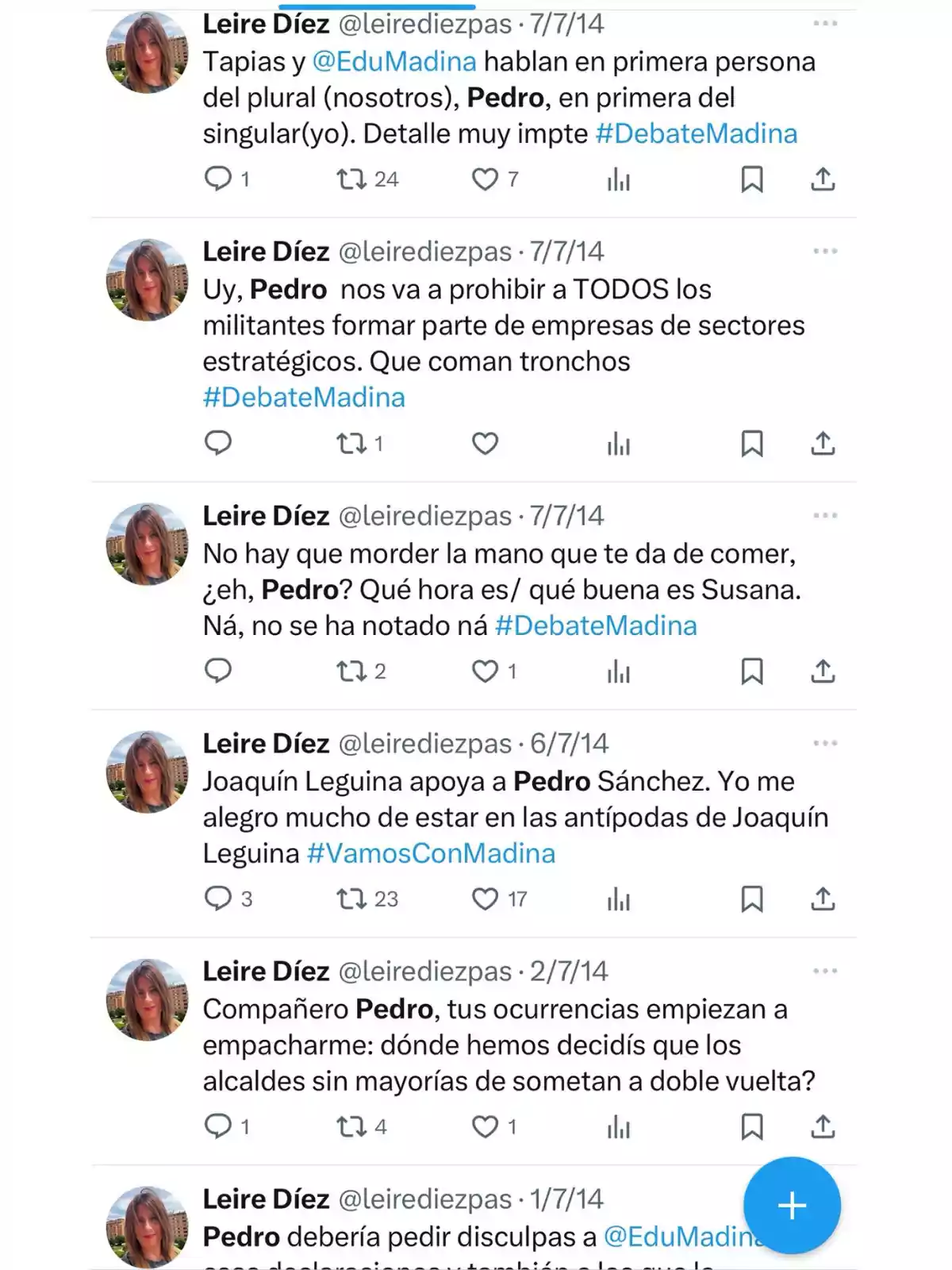Captura de pantalla de varios tuits de la usuaria Leire Díez en los que comenta sobre un debate político y menciona repetidamente a Pedro, haciendo observaciones y críticas sobre sus propuestas y actitudes. Captura de pantalla de varios tuits de la usuaria Leire Díez en los que comenta sobre un debate político y menciona repetidamente a Pedro, haciendo observaciones y críticas sobre sus propuestas y actitudes.