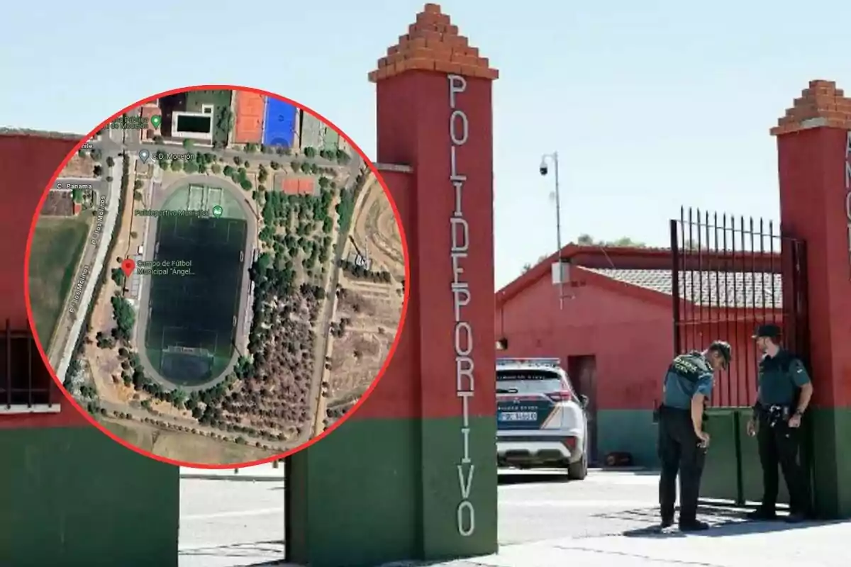 Entrada al Polideportivo Municipal con un mapa aéreo del Campo de Fútbol Municipal "Ángel" en un recuadro.