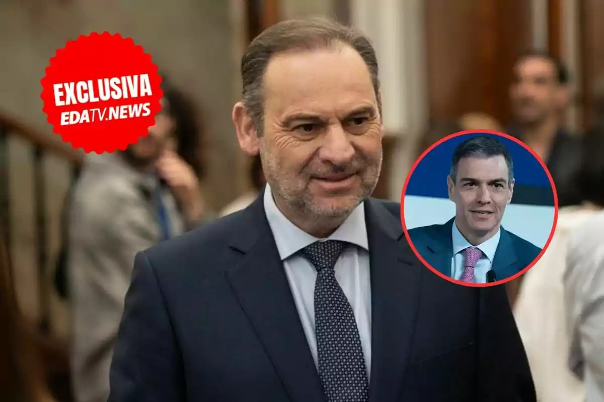 Un hombre con traje oscuro y corbata sonríe mientras camina, con un sello rojo que dice "EXCLUSIVA EDATV.NEWS" y un recuadro circular que muestra a otro hombre en traje.