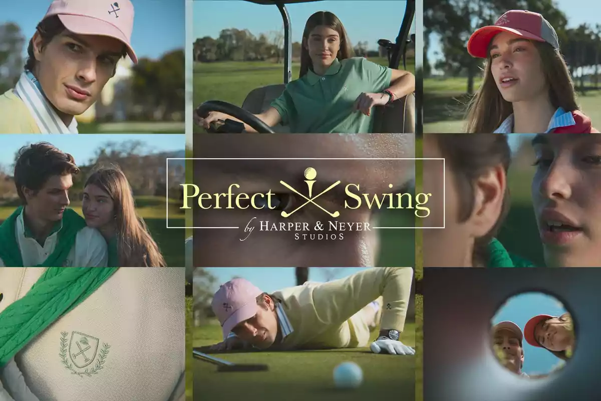 Un collage de imágenes promocionales de una campaña de moda relacionada con el golf, mostrando a varias personas en un campo de golf, con ropa deportiva y accesorios, y el texto "Perfect Swing by Harper & Neyer Studios" en el centro.