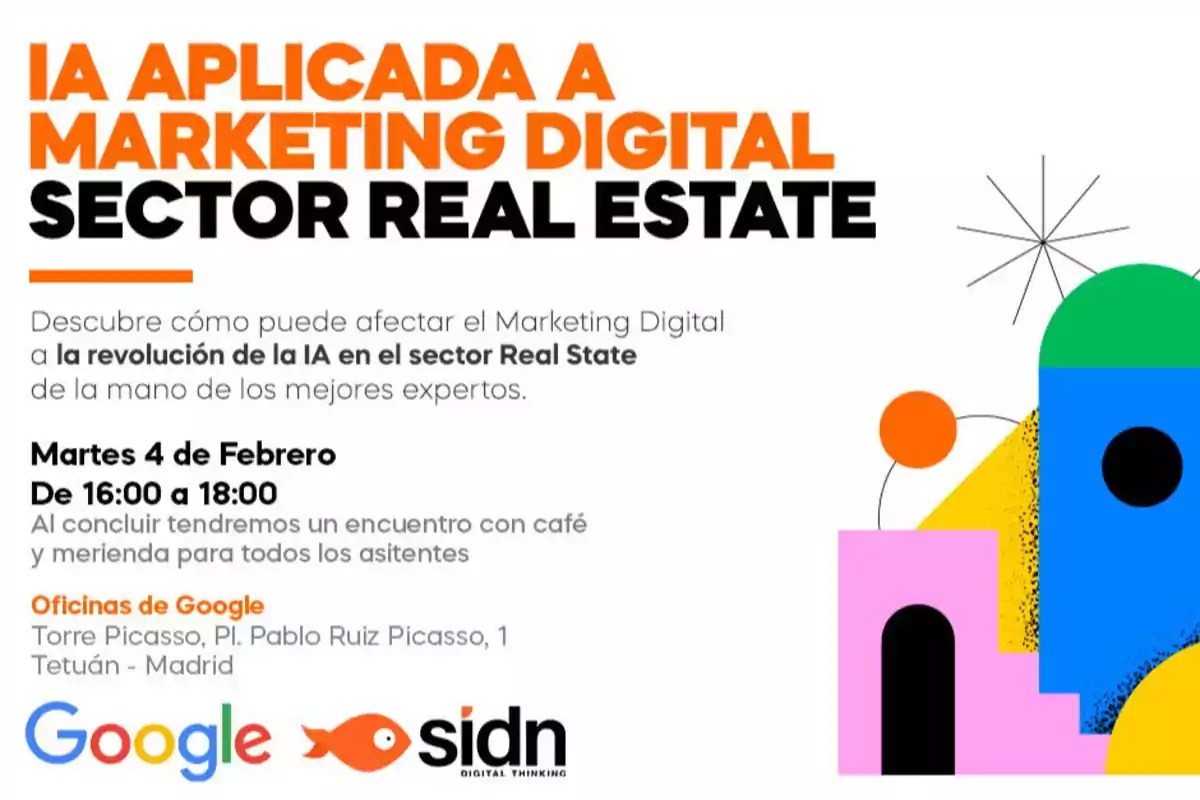 Evento sobre IA aplicada al marketing digital en el sector inmobiliario, con detalles de fecha, hora y lugar, organizado por Google y SIDN.