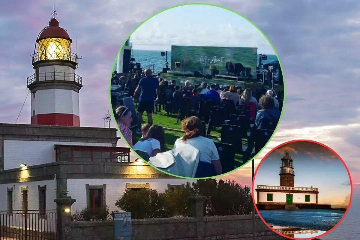 Imagen de un faro con dos recuadros superpuestos, uno mostrando un evento al aire libre y otro un faro diferente.