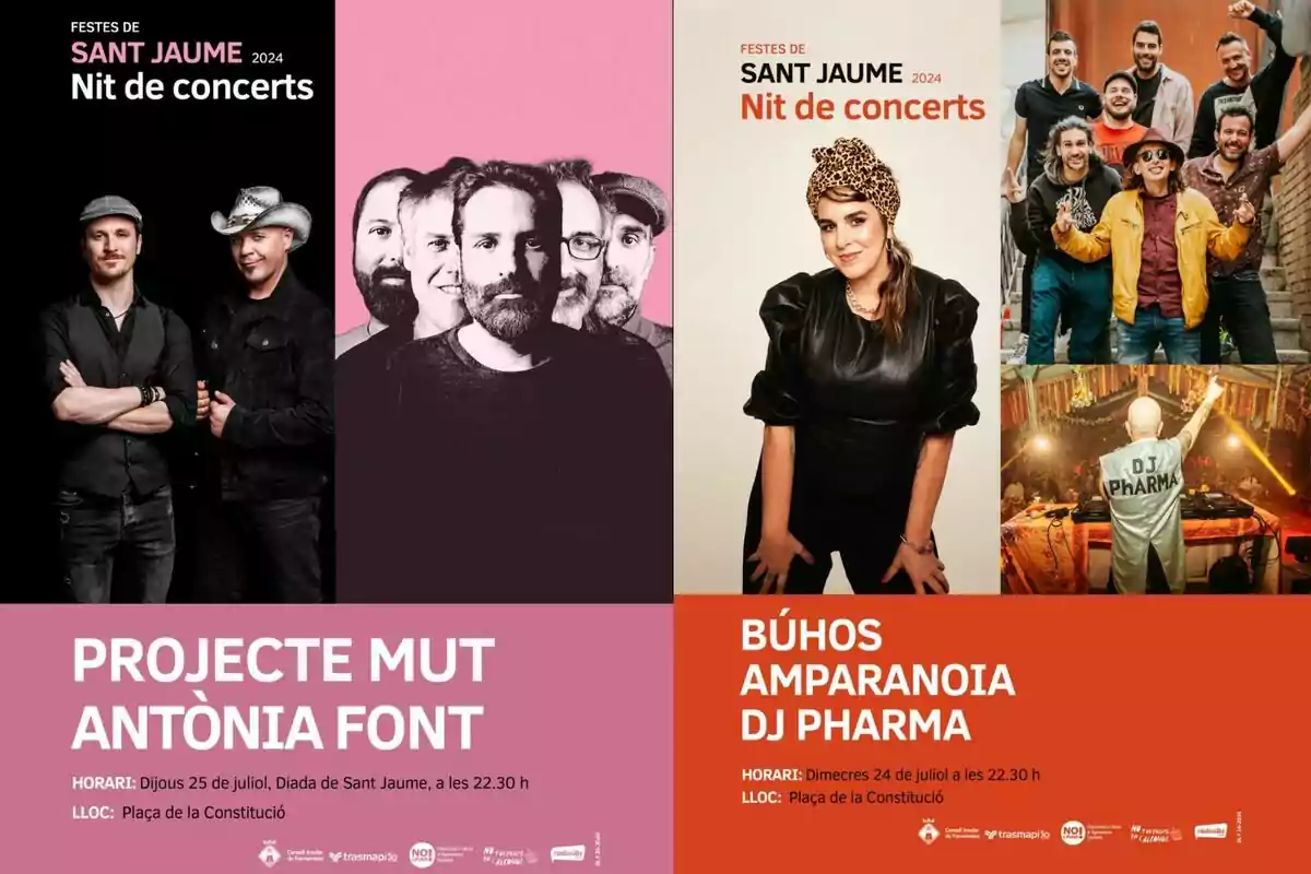 Cartel de Festes de Sant Jaume 2024 anunciando la Nit de concerts con actuaciones de Projecte Mut y Antònia Font el 25 de julio, y Búhos, Amparanoia y DJ Pharma el 24 de julio en la Plaça de la Constitució.