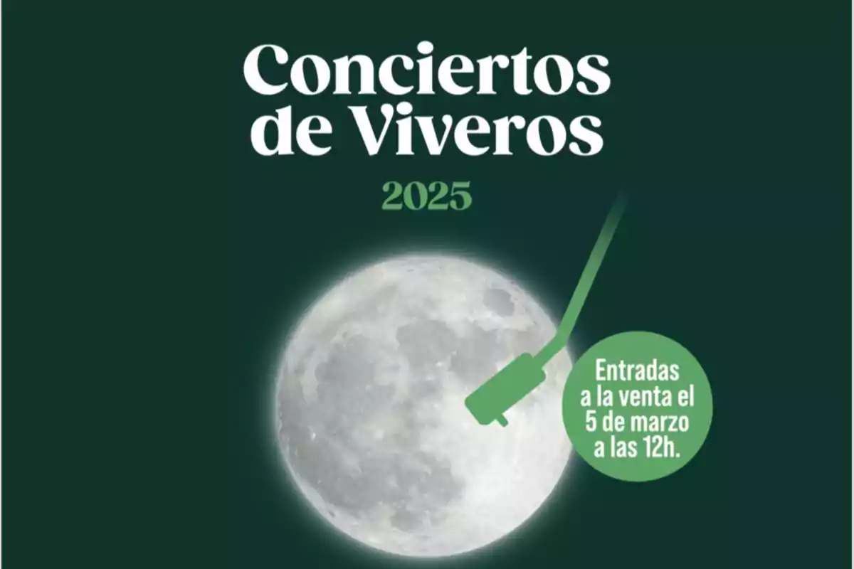 Viveros Concerts 2025 poster with an image of the moon and a green microphone indicating that tickets will be on sale on March 5th at 12 p.m.