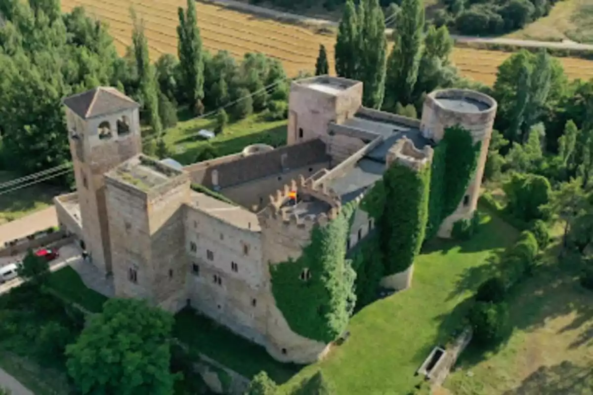 Vista aérea de un castillo rodeado de vegetación y campos.