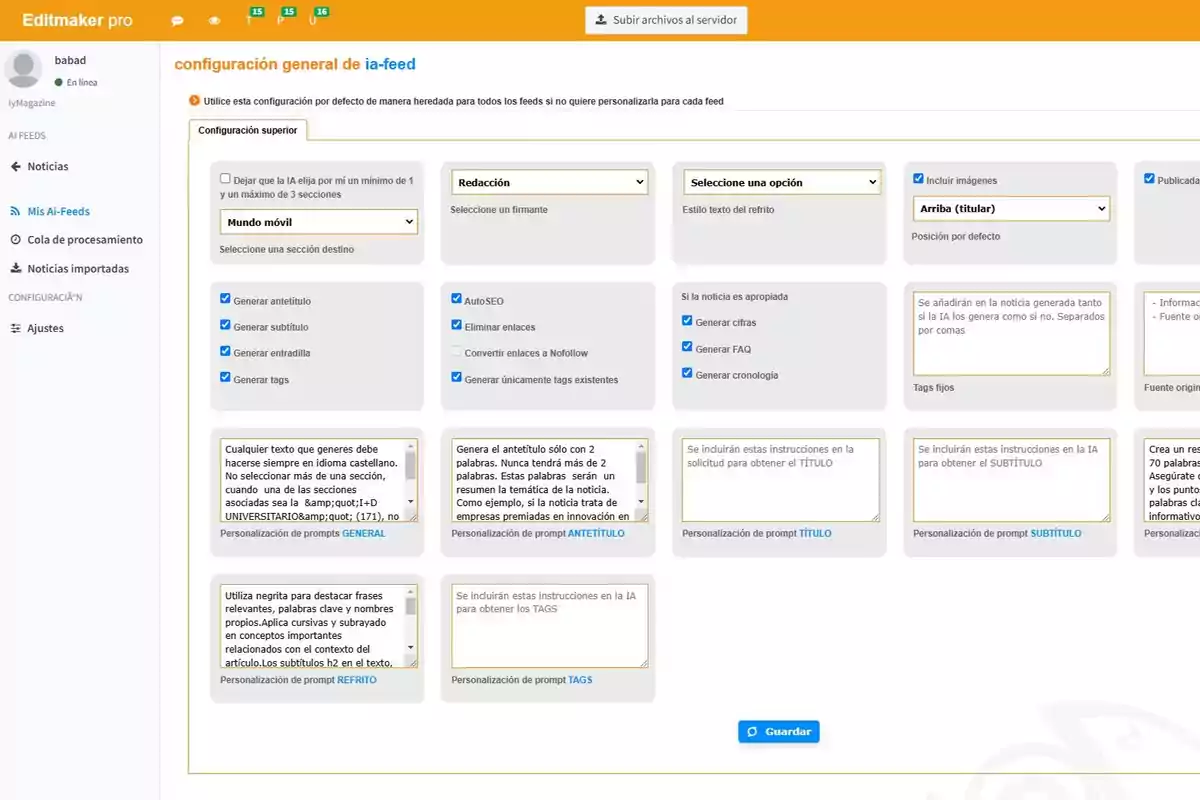 Pantalla de configuración general de ia-feed en Editmaker pro mostrando opciones para personalizar la generación de contenido como selección de sección destino, estilo de redacción, generación de antetítulo, subtítulo, entradilla y tags, además de opciones de SEO y cronología.