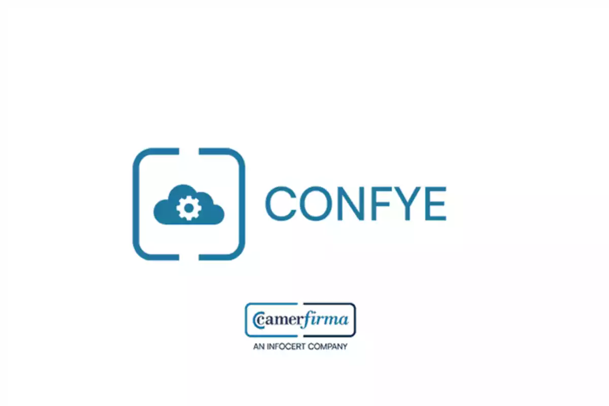 Logotipo de CONFYE con un ícono de nube y engranaje, acompañado del logotipo de Camerfirma, una empresa de Infocert.