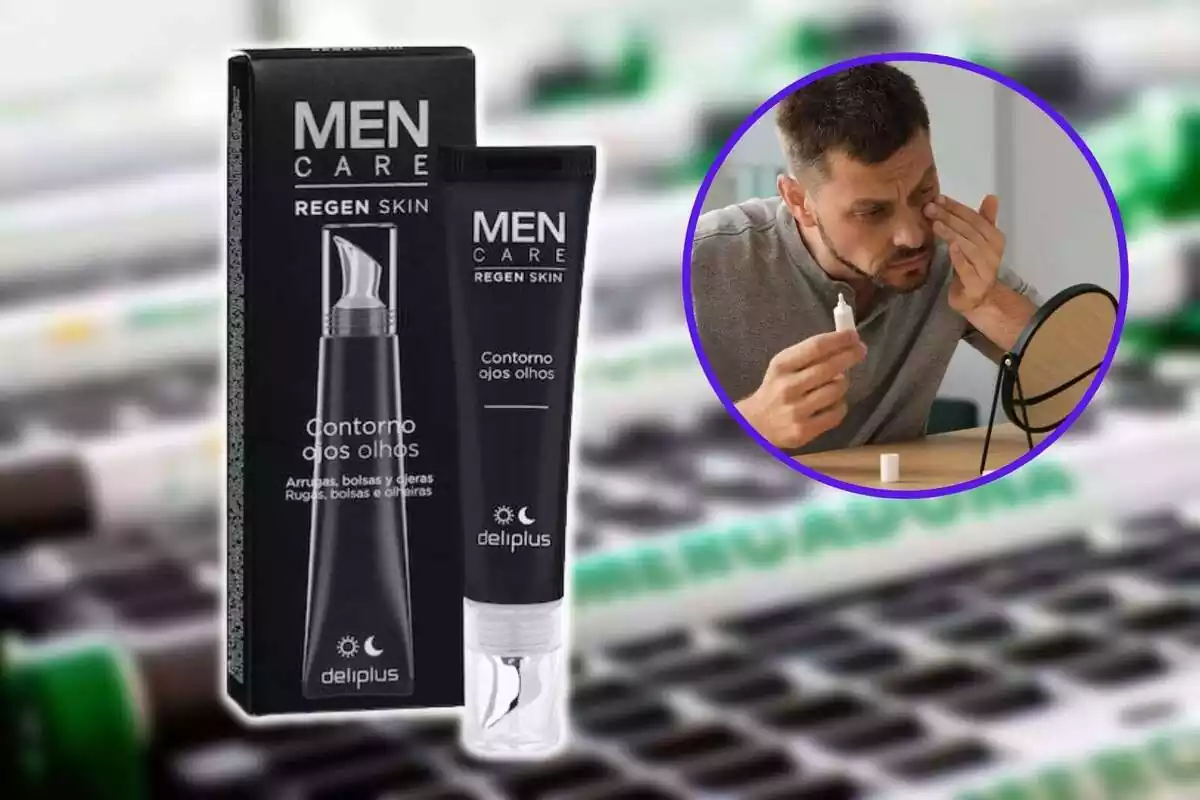 Montaje con contorno de ojos para hombres de Mercadona y al lado un hombre tratándose sus ojeras Montaje con contorno de ojos para hombres de Mercadona y al lado un hombre tratándose sus ojeras