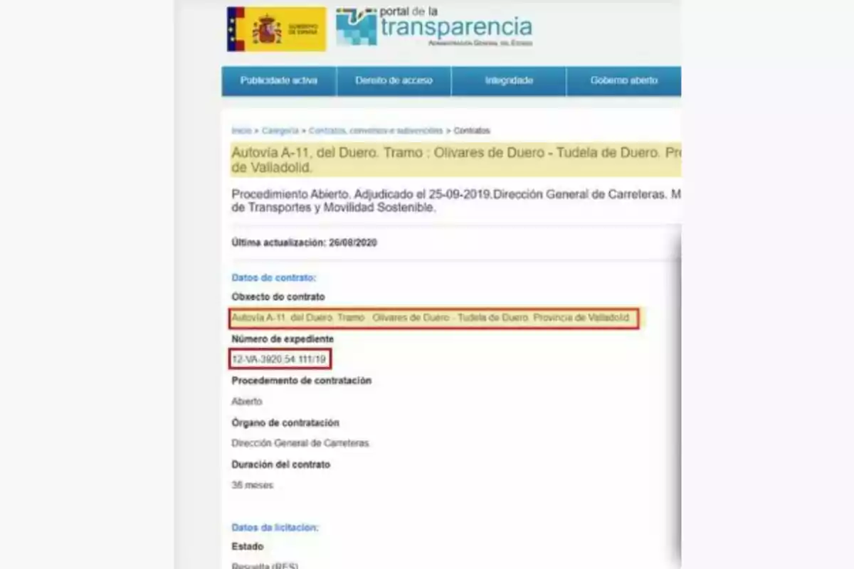 Captura de pantalla del portal de transparencia del Gobierno de España mostrando detalles de un contrato para la Autovía A-11 del Duero en la provincia de Valladolid. Captura de pantalla del portal de transparencia del Gobierno de España mostrando detalles de un contrato para la Autovía A-11 del Duero en la provincia de Valladolid.