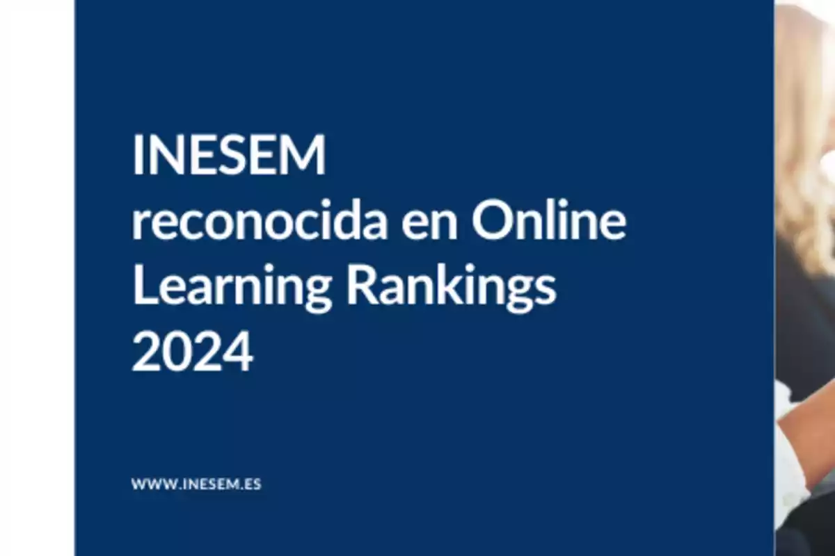 Texto en fondo azul que dice "INESEM reconocida en Online Learning Rankings 2024" con el sitio web www.inesem.es.