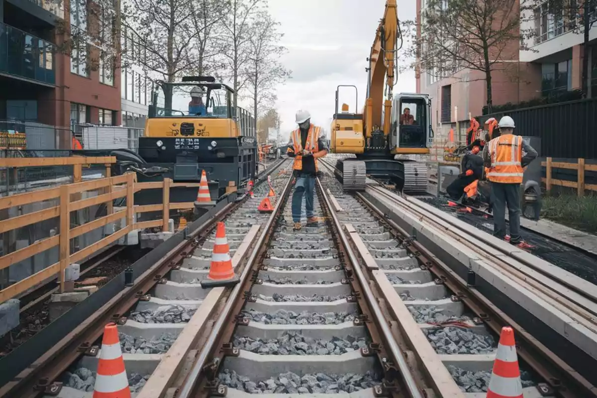 Trabajadores de la construcción con equipo pesado trabajando en la instalación de vías de tren.