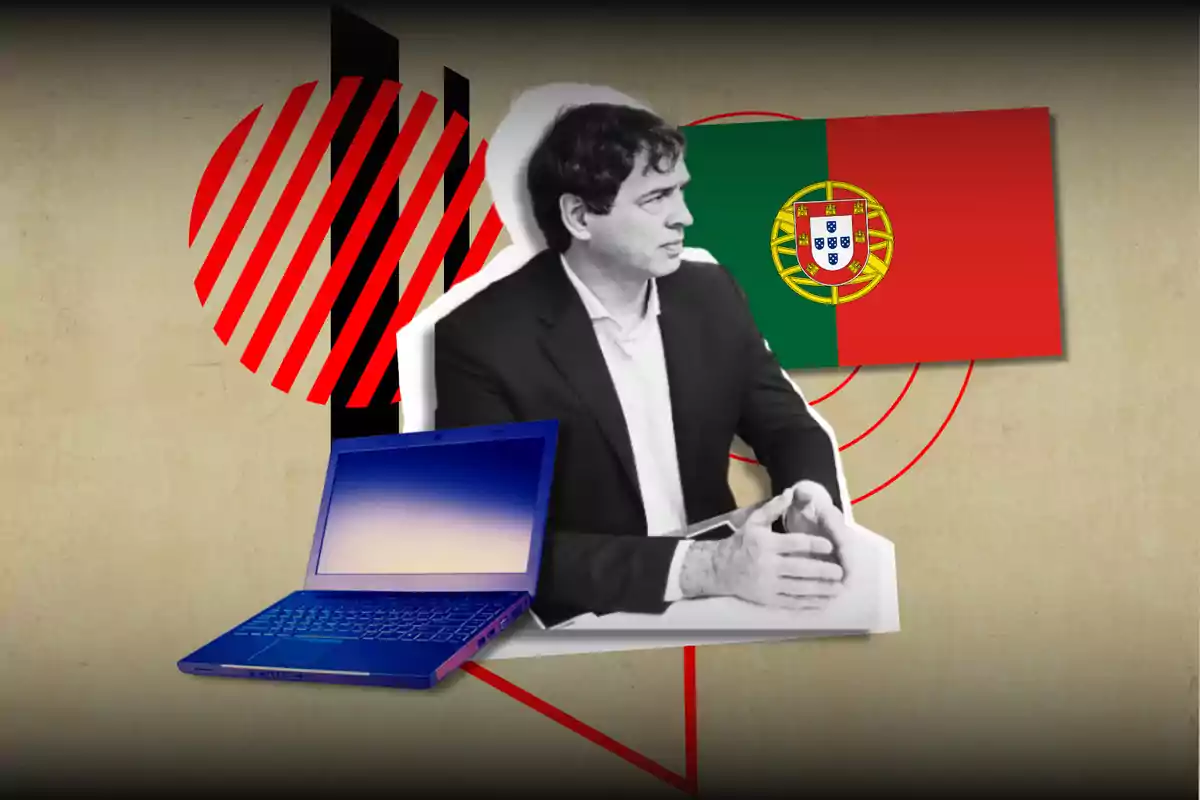 Un hombre en blanco y negro con un traje oscuro está sentado frente a una computadora portátil azul, con una bandera de Portugal y un diseño geométrico rojo y negro en el fondo.