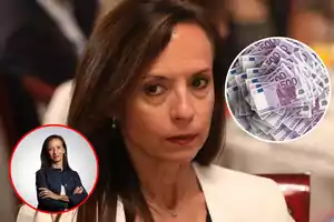 Una mujer con expresión seria aparece en primer plano, con un recuadro que muestra su retrato en un círculo rojo y otro círculo que contiene billetes de 500 euros.