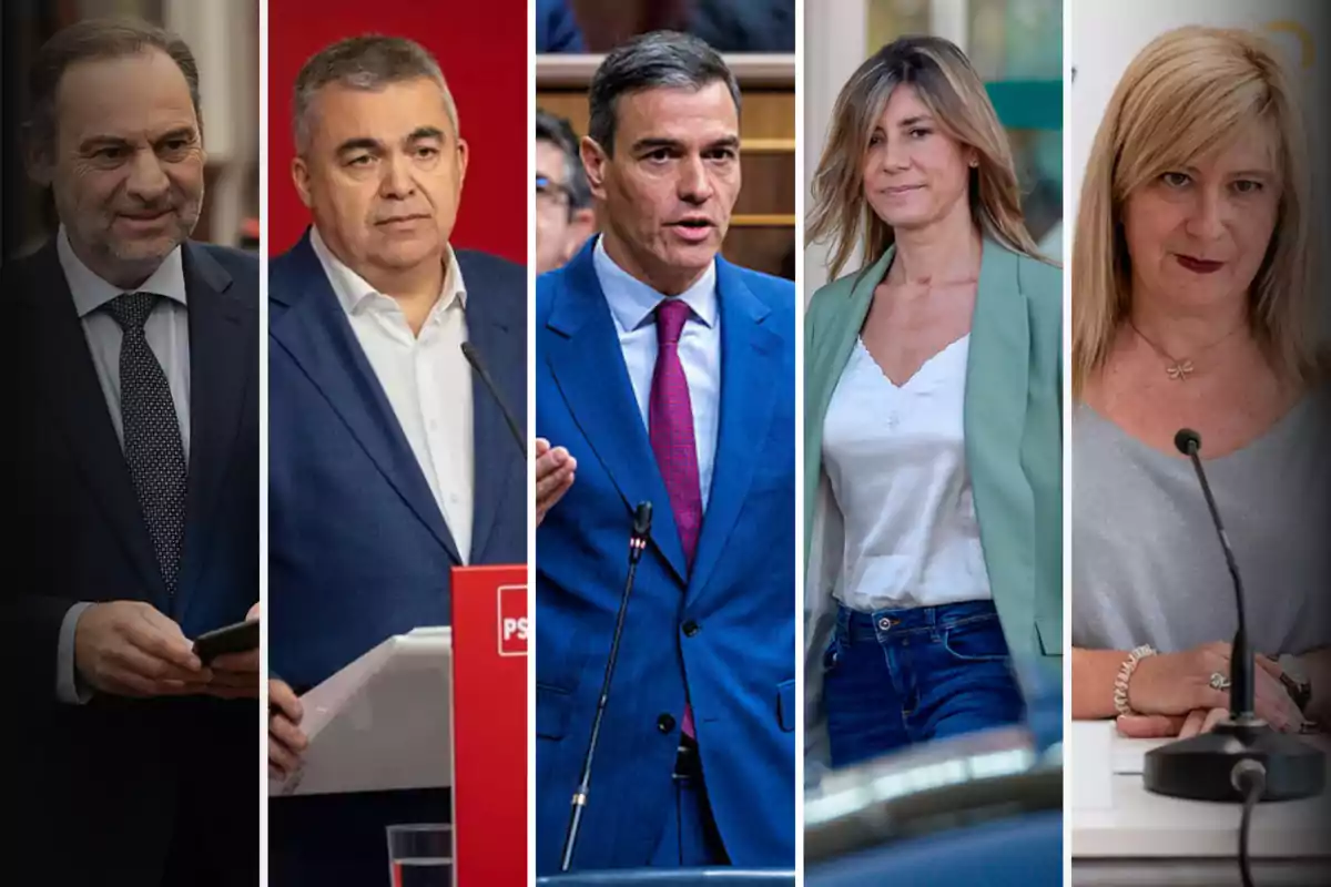Cinco personas vestidas de manera formal posan en diferentes escenarios, cada una en una franja vertical separada.