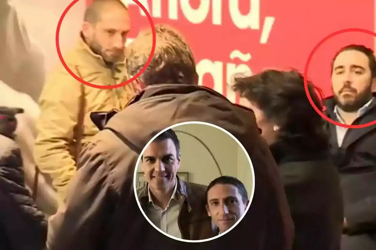 Dos hombres están rodeados por círculos rojos en una escena concurrida con fondo rojo y letras blancas, en la parte inferior hay una foto circular de dos personas posando juntas.