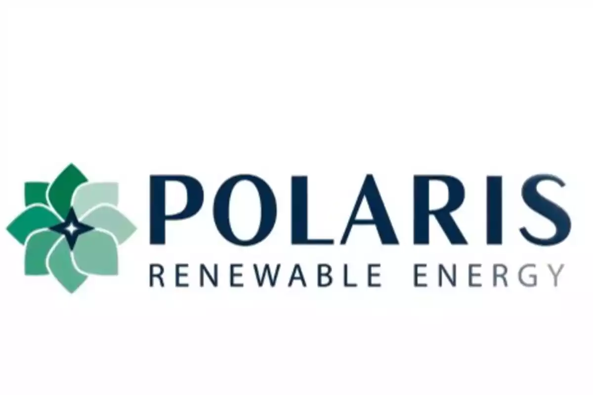 Logotipo de Polaris Renewable Energy con un diseño de flor verde a la izquierda.