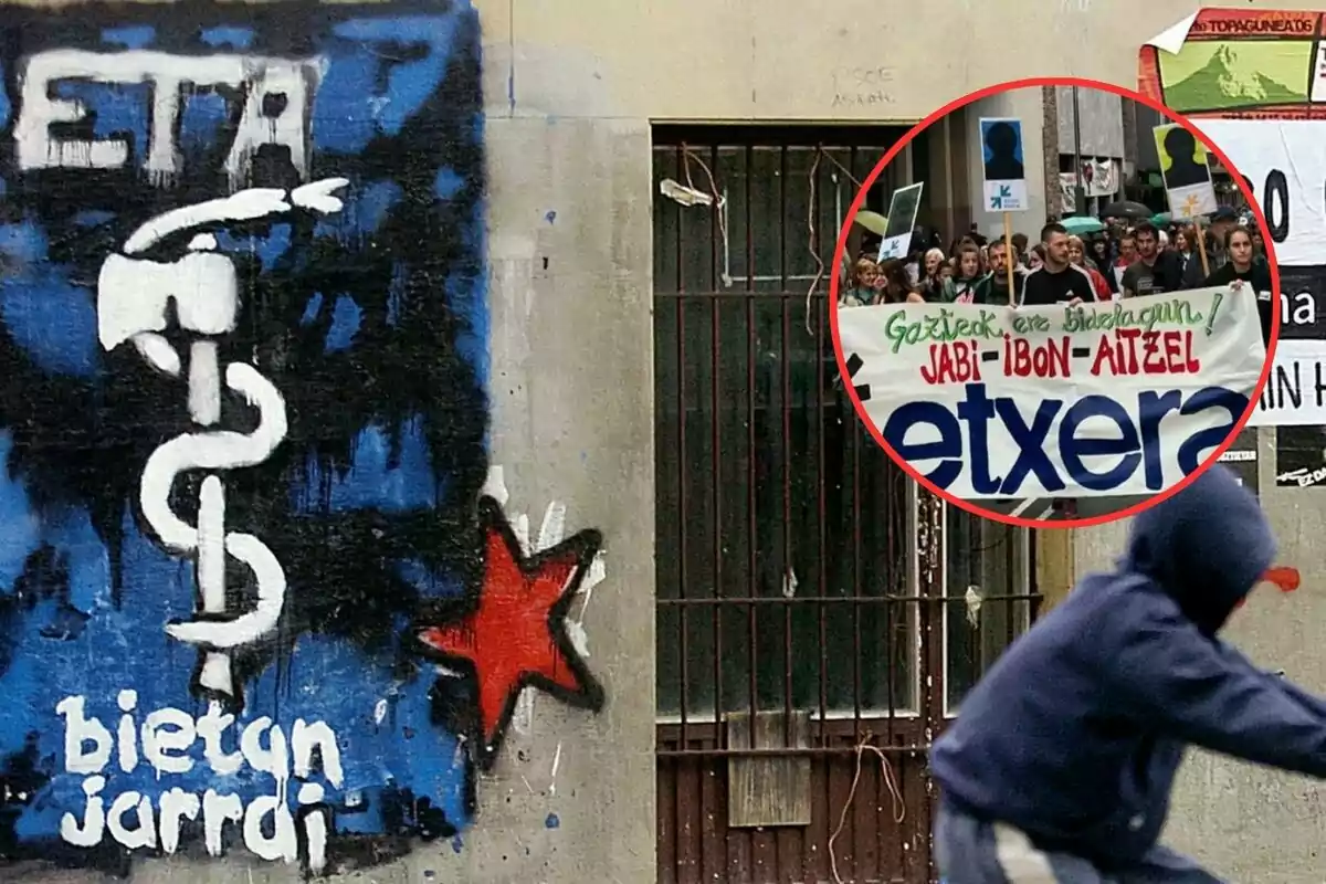 Un mural con el símbolo de ETA y una estrella roja en una pared, junto a una imagen circular de una manifestación con personas sosteniendo una pancarta que dice "etxera".