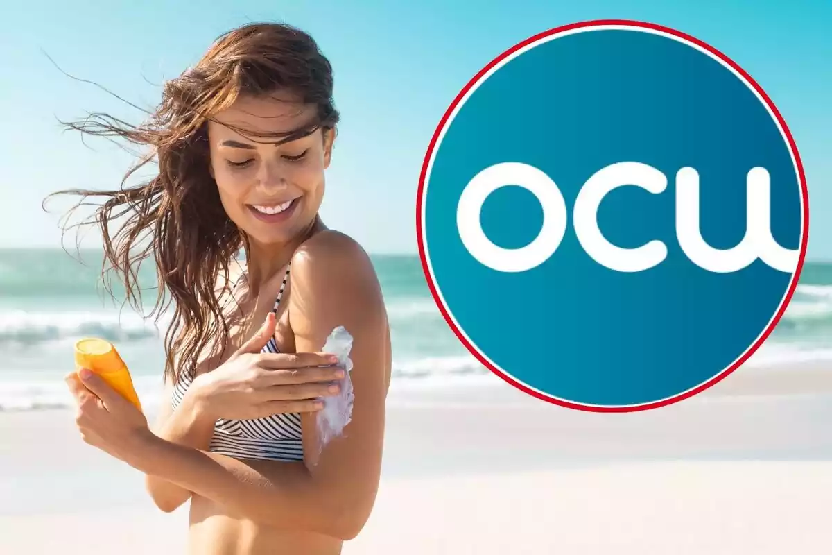 Chica echándose crema solar y el logo de la OCU Chica echándose crema solar y el logo de la OCU