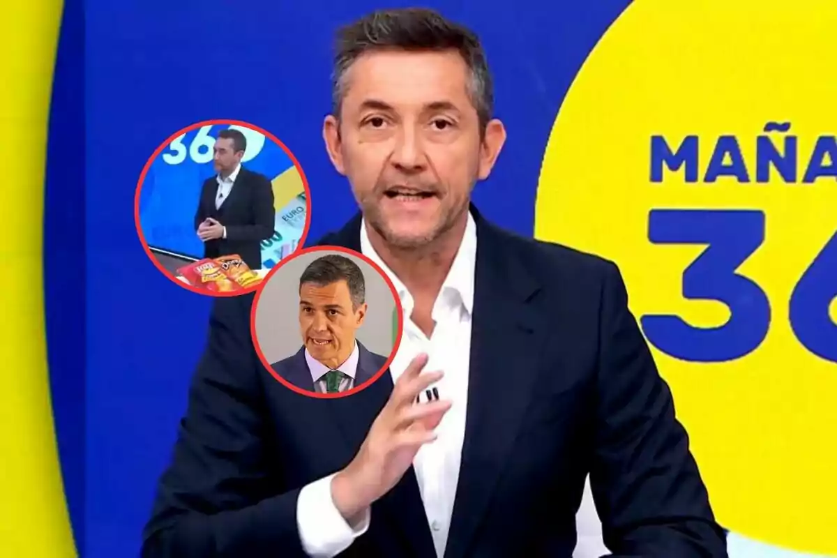 Hombre de cabello corto y canoso con saco oscuro y camisa blanca hablando frente a un fondo azul y amarillo con el texto "MAÑANA 36", acompañado de dos círculos rojos que muestran a otro hombre de pie junto a productos y a un hombre de traje hablando.