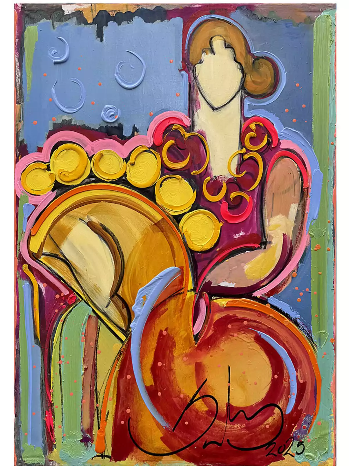 Una figura abstracta con formas circulares y colores vibrantes como rojo, amarillo y azul, con un fondo texturizado y una firma en la parte inferior. Una figura abstracta con formas circulares y colores vibrantes como rojo, amarillo y azul, con un fondo texturizado y una firma en la parte inferior.