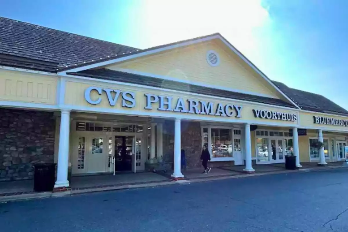 Facade of a shopping center with store signs, including a pharmacy. Facade of a shopping center with store signs, including a pharmacy.