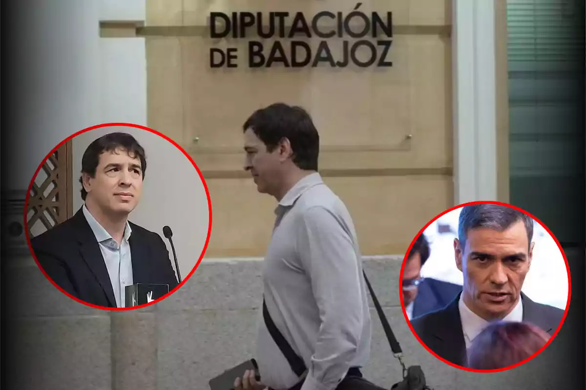 A man walks in front of a building with the sign "Legislature de Badajoz" while two circular images show other people in different contexts.